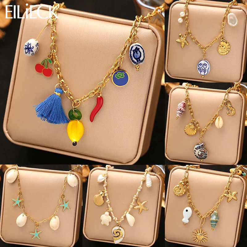 

EILIECK 316L Stainless Steel Creative Chili Cherry Pendant Necklace Trendy Handmade Neck Chain Waterproof Jewelry for Women