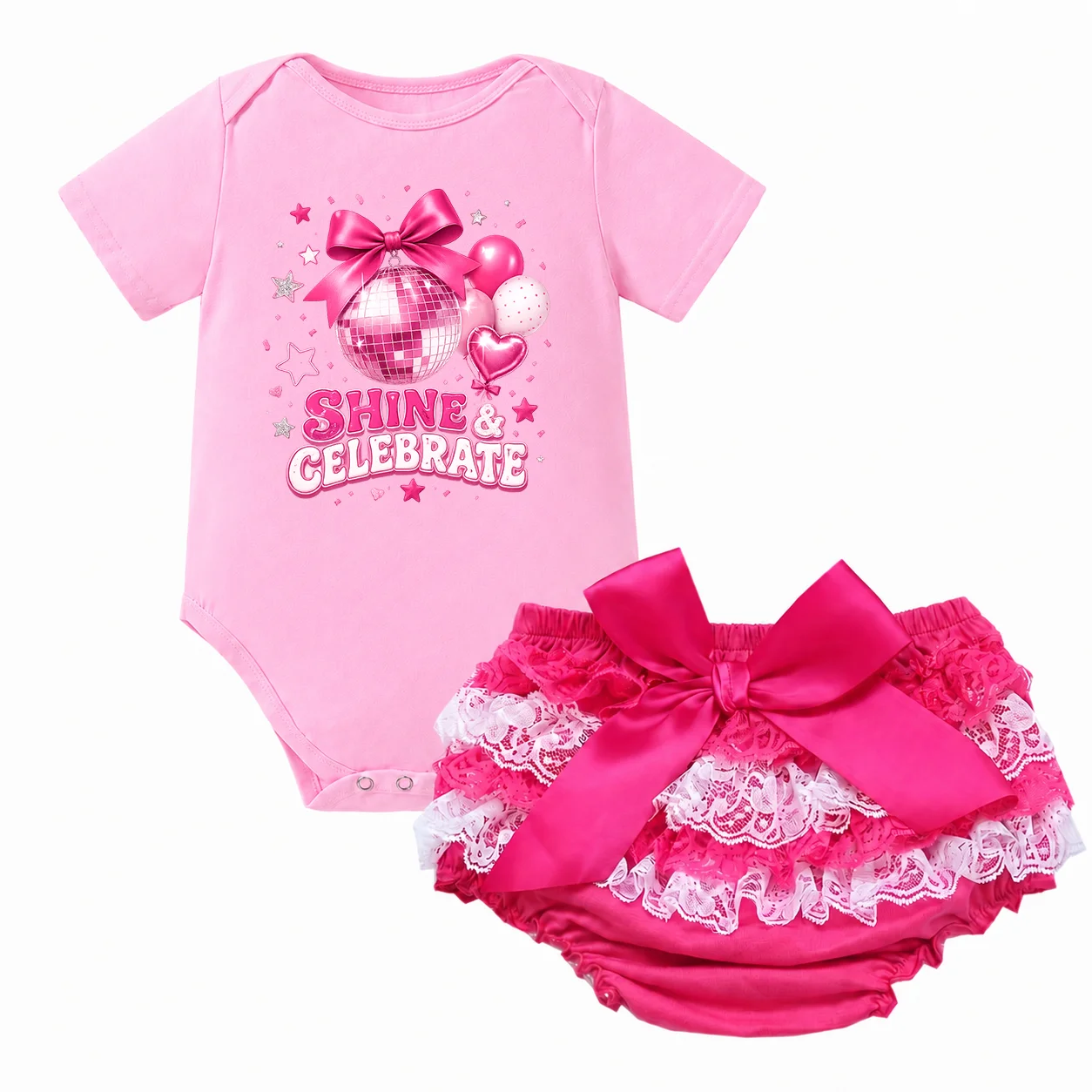 Shine & Celebrate Disco Print Baby Girl 1st Birthday Clothes Set Short Sleeve Onesie Pink Lace Ruffle Tutu Skirt Bow Newborn Par