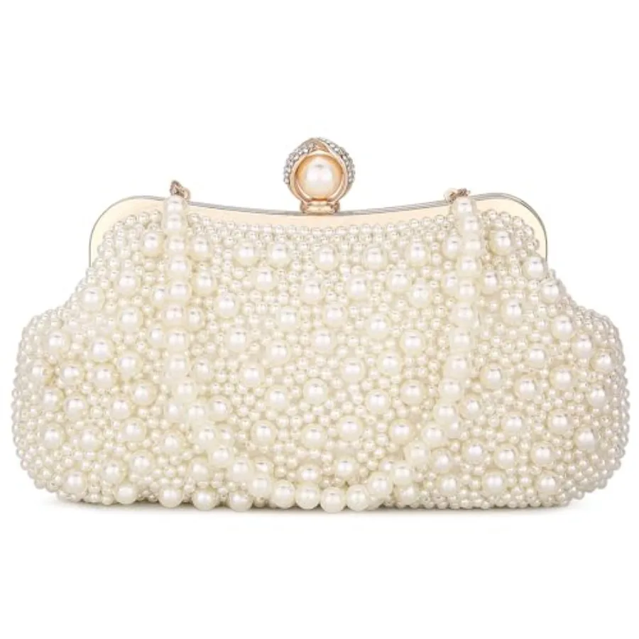 Women Pearl Clutch Bag Noble Crystal Beaded Evening Bag Wedding Clutch with Pearl Chain