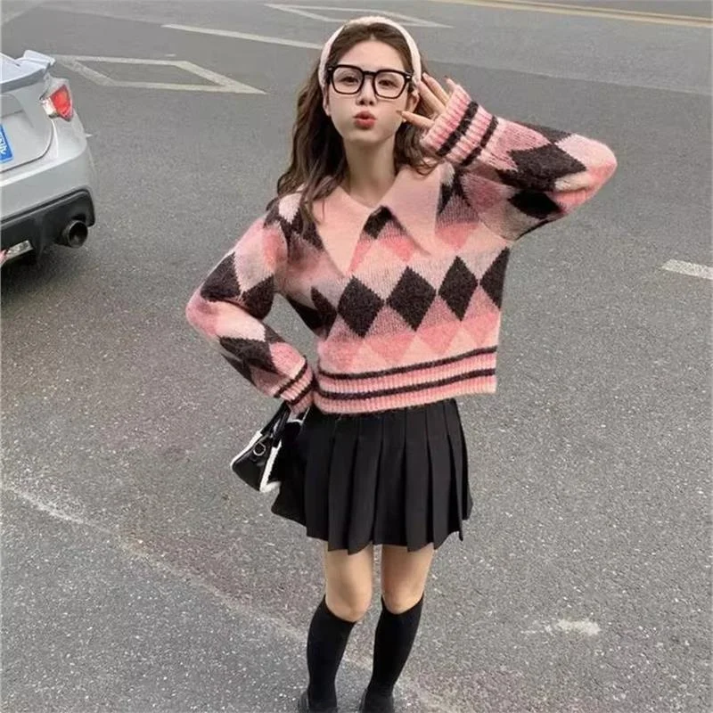 

Цветная блузка, свободный вязаный свитер, ретро-воротник, ромбовидный узор, базовый слой, топ, корейский слей, осенне-зимний ленивый женский свитер