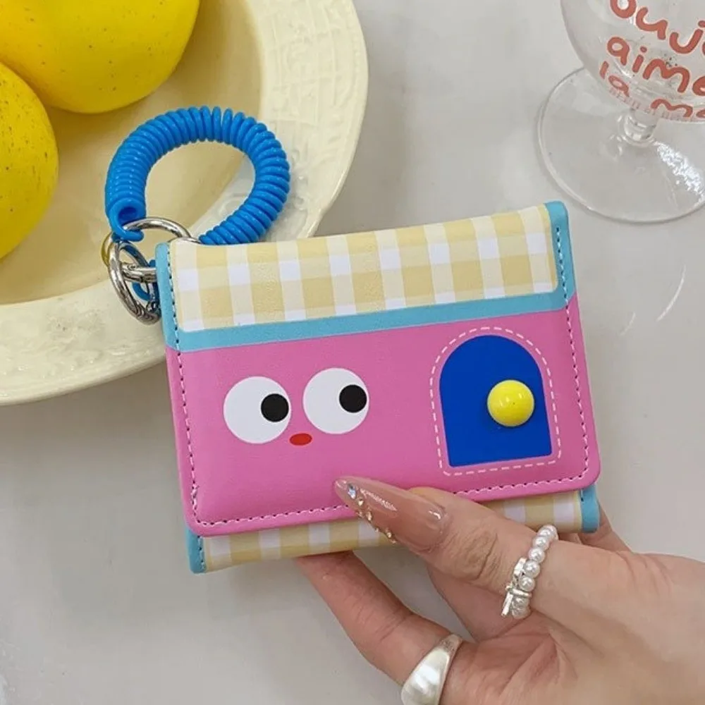 Multifunctional Dopamine Color Short Wallet Ultrathin Tri-fold Leather Card Holder Compact Spring Rope Cartoon Coin Purse Daily