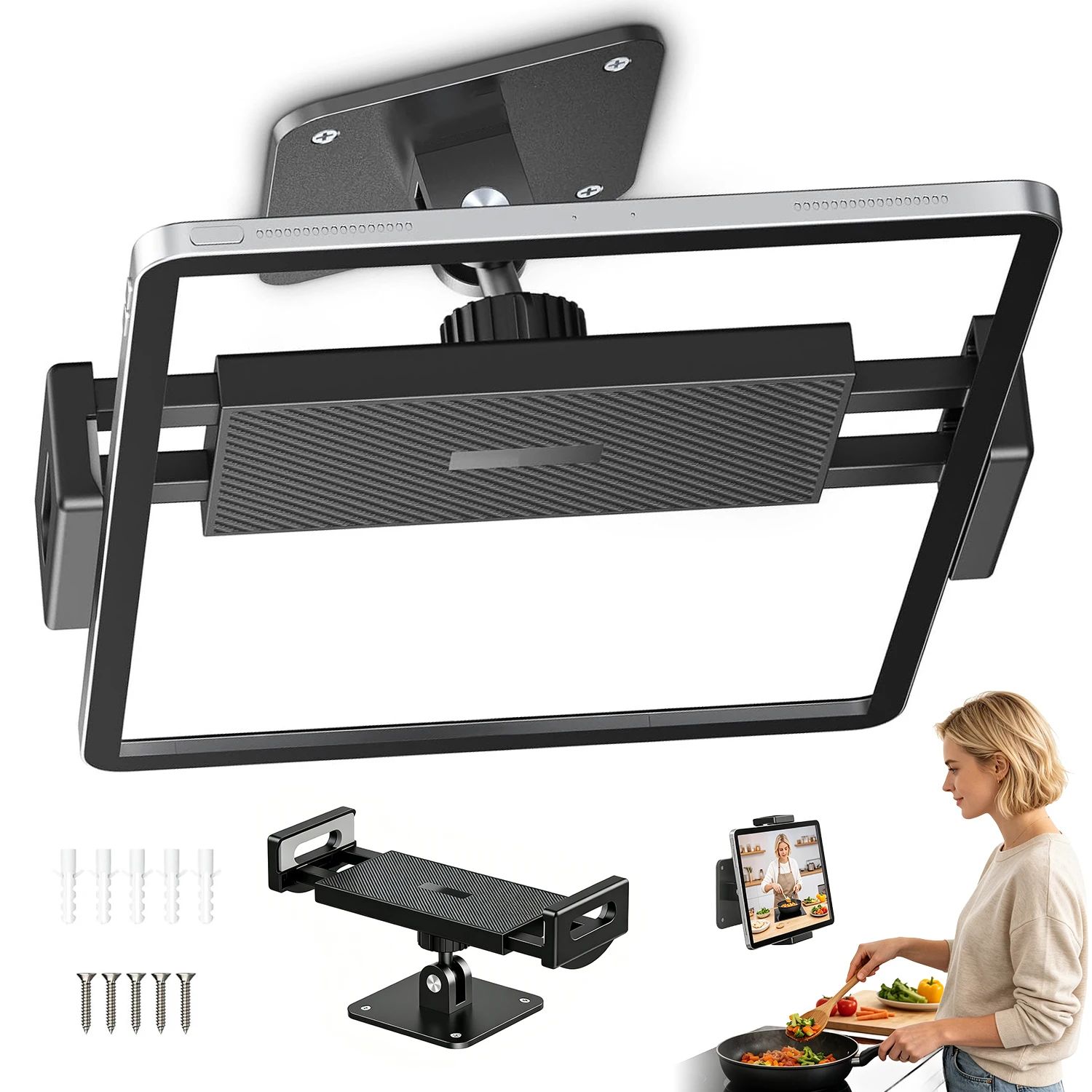 360 °   Support mural rotatif pour tablette et téléphone, pour appareils de 4,7 à 13 pouces, support universel, pince robuste en aluminium ABS pour cuisine, bureau, salle de sport, installation facile avec vis