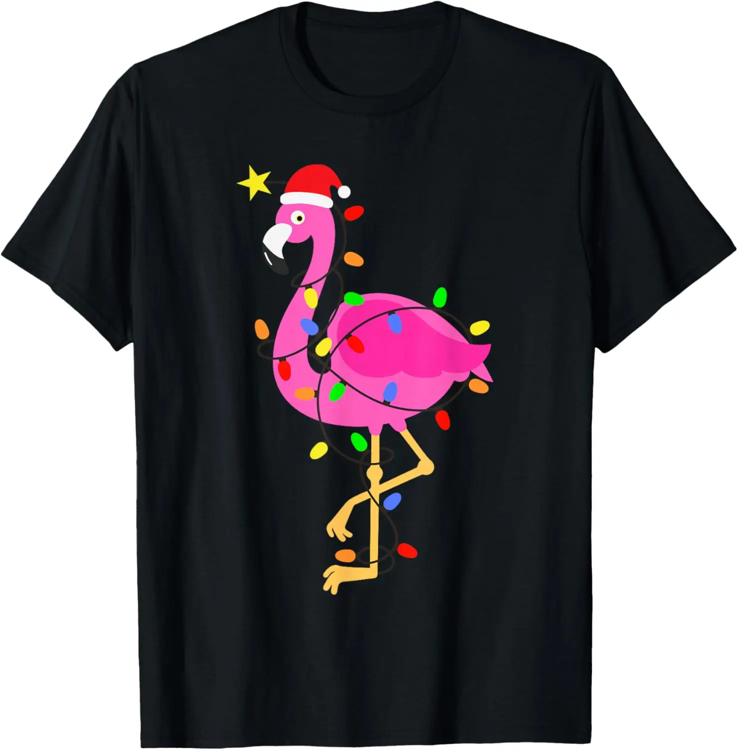 Flamingo Wrapped in Christmas Lights Santa Hat Funny Summer Holiday T-Shirt Men Women