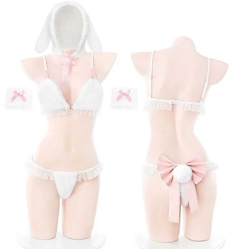 White Plush Bunny Girl Cosplay Sweater Underwear Women Sexy Lingerie Rabbit Ear Bra and Panties Suit Exotic Outfits Costumes