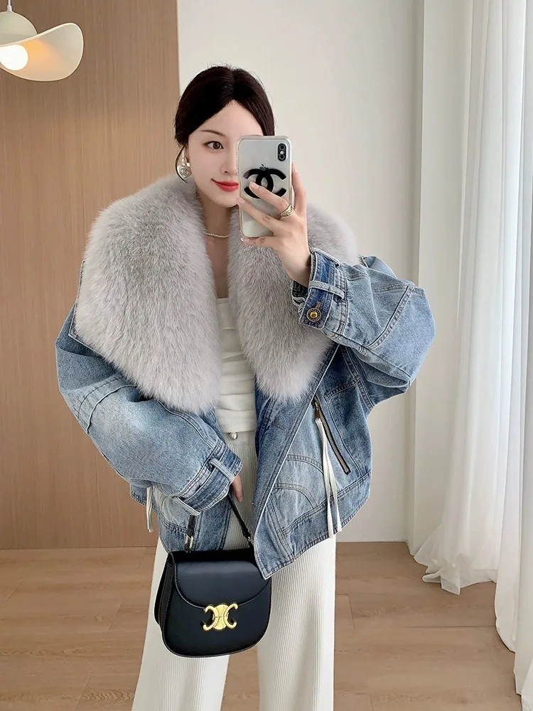 2024 Winter Women\'s Denim White Duck Down Coats With Natural Real Fox Fur Collar Outwear Luxury Female Jacket