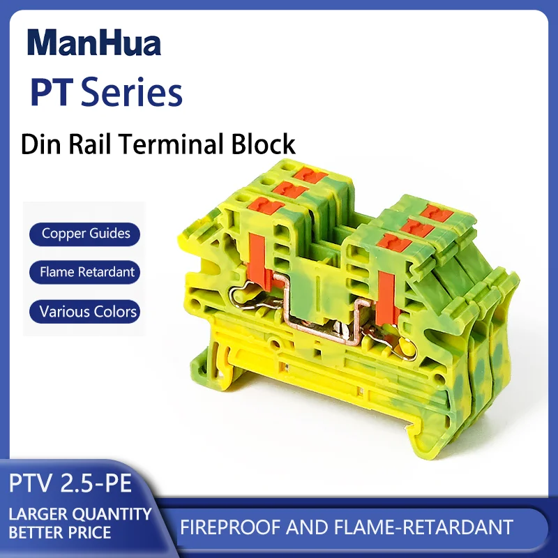 ManHua 10Pcs PTV 2.5-PE Ground Modular DIN Rail Terminal Block Side-Entry Push-in Wiring Connector Electrical 2.5mm PTV2.5-PE