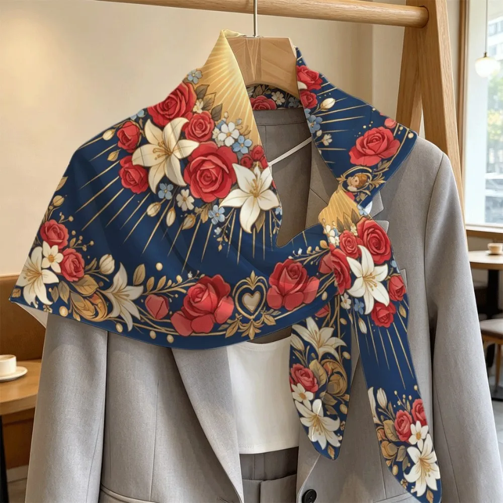 Radiant Heart Floral Angel Blue Women Silky Square Scarf, Dual-use Neck Hair Ornament Holiday Gift