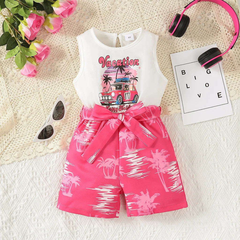 

4-7Years Kids Girl Summer Jumpsuit Sleeveless Cartoon Car Bodysuit with Belt Child Fashion Leisure Style Beach Holiday Clothing