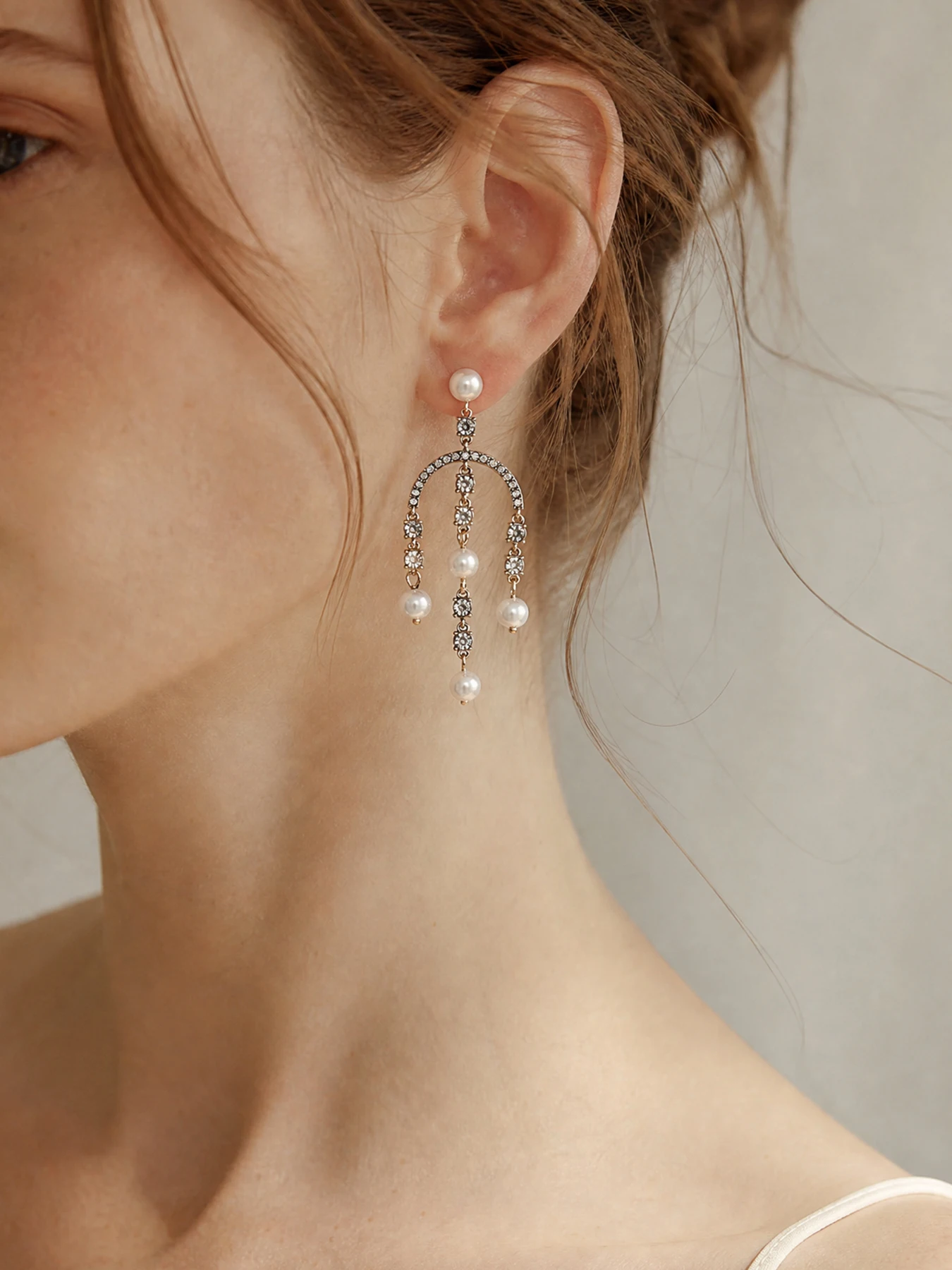 Women's Vintage Long Pearl Tassel Earrings, Crystal Arc Dangle 925 Silver Post, Wedding Bridal Jewelry Gift