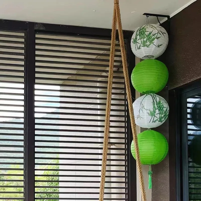 Green Bamboo Round Lantern Chinese Traditional Ink Painting Style Patio Corridor Hanging Hand Painted Ancient Style