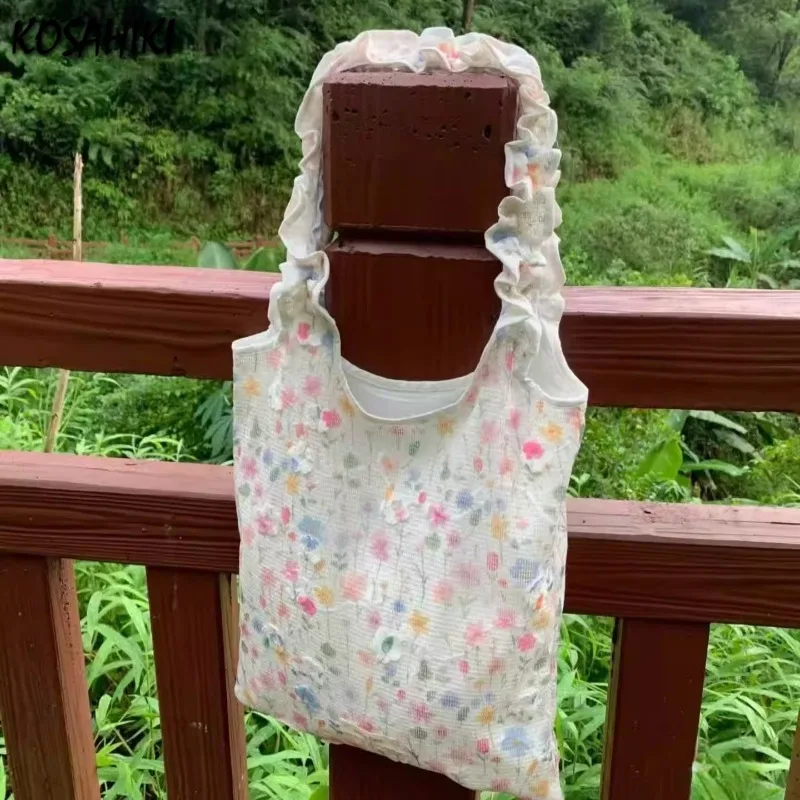 

Fashion Chic Sweet Floral Print Shoulder Bags Casual All Match Tender Ruffled Underarm Bag Y2k Aesthetic Fairy Women's Handbags