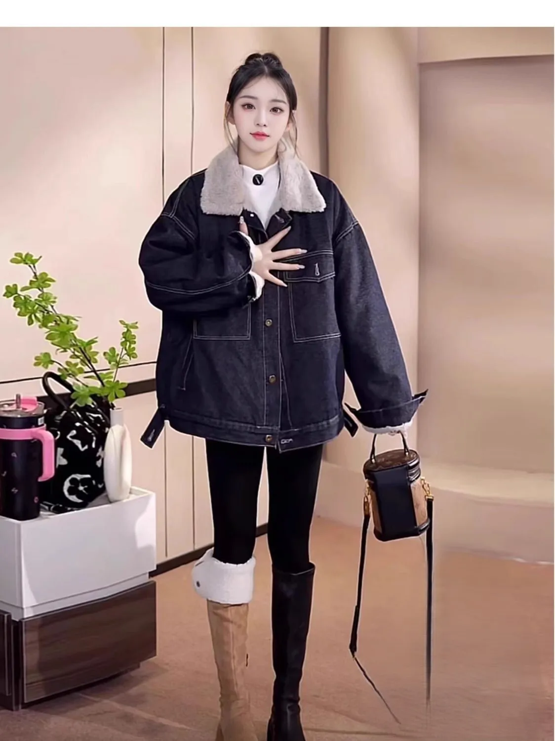 

Denim Coats For Woman Long Fur Plush Womens Autumn Loose-Fit Minimalist French Chic Urban Social Anti-Odor Quilted Adjustable OL