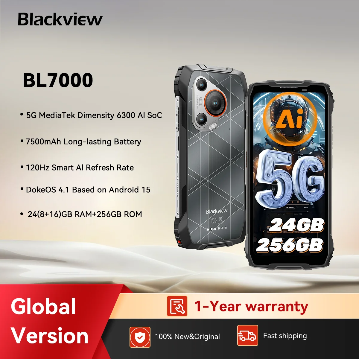 BLACKVIEW BL7000 5G AI Rugged Phone Deepseek GPT Android 15 Smartphone, 6.78