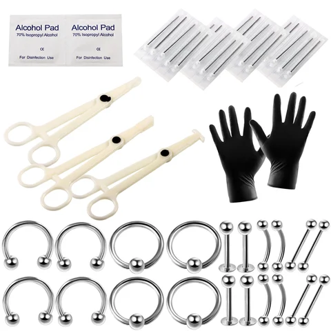 el cuerpo, 1 Juego, Kit de herramientas desechables, agujas profesionales para Piercing corporal, abrazadera, guantes, herramientas, oreja, Tragus, nariz, ojo, Piercing