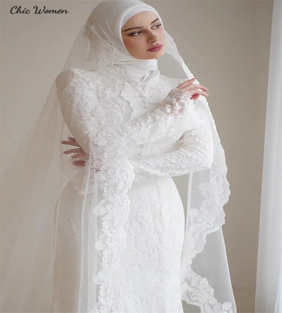 Romantic Mermaid Muslim Wedding Dress Full Lace Elvish Islamic Long Sleeve Boho Bride Dress Elegant Irish Country Customized