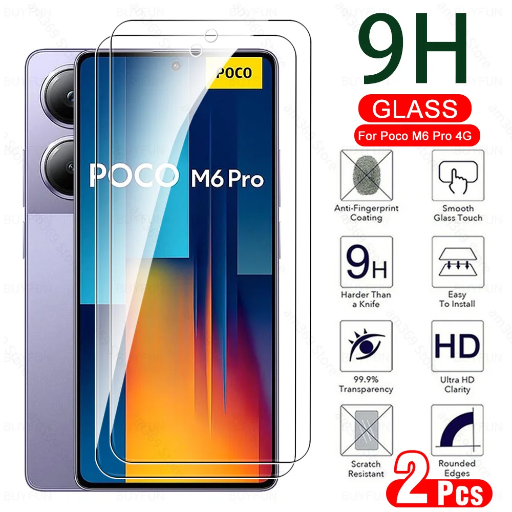 2Pcs 9H Glass For Xiaomi Poco M6 Pro 4G Tempered Glass Screen Protector PocoM6Pro PocoM6 M 6 Pro Pofo Poxo Little M6Pro 6.67inch