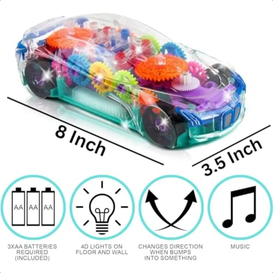 アートクリエイティビティ ライトアップ 透明感覚玩具 車 1個入り バンプアンドゴーおもちゃの車 カラフルな動くギア 音楽とLED効果付き