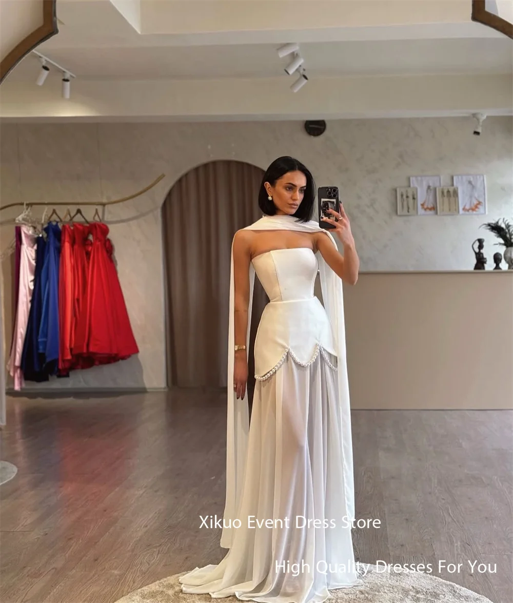 Xikuo Elegant Satin Ivory Wedding Dress Strapless A Line  Pearls Bridal Gowns Saudi Arabric Illusion Vestido De Novia Customized