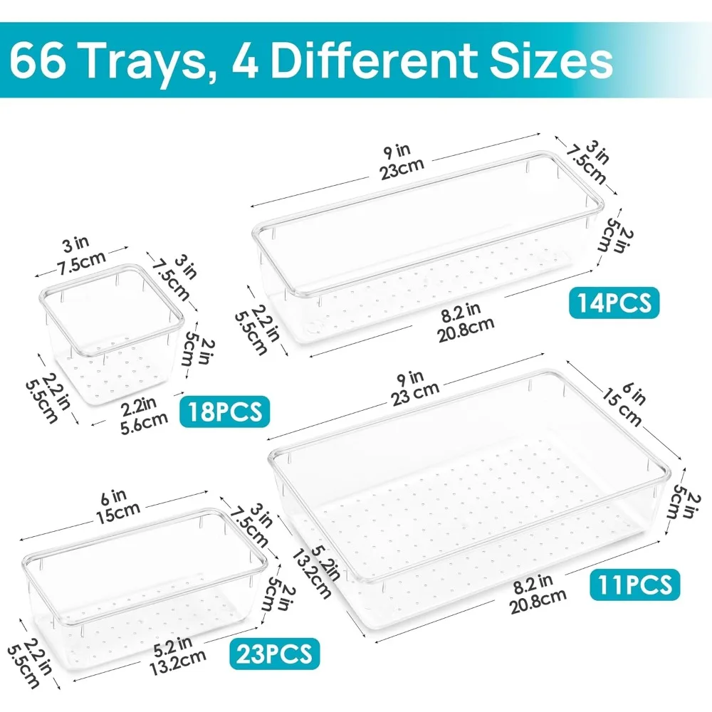 Conjunto organizador de gaveta de plástico transparente de 66 peças, bandejas de armazenamento versáteis de 4 tamanhos para banheiro, cozinha e escritório