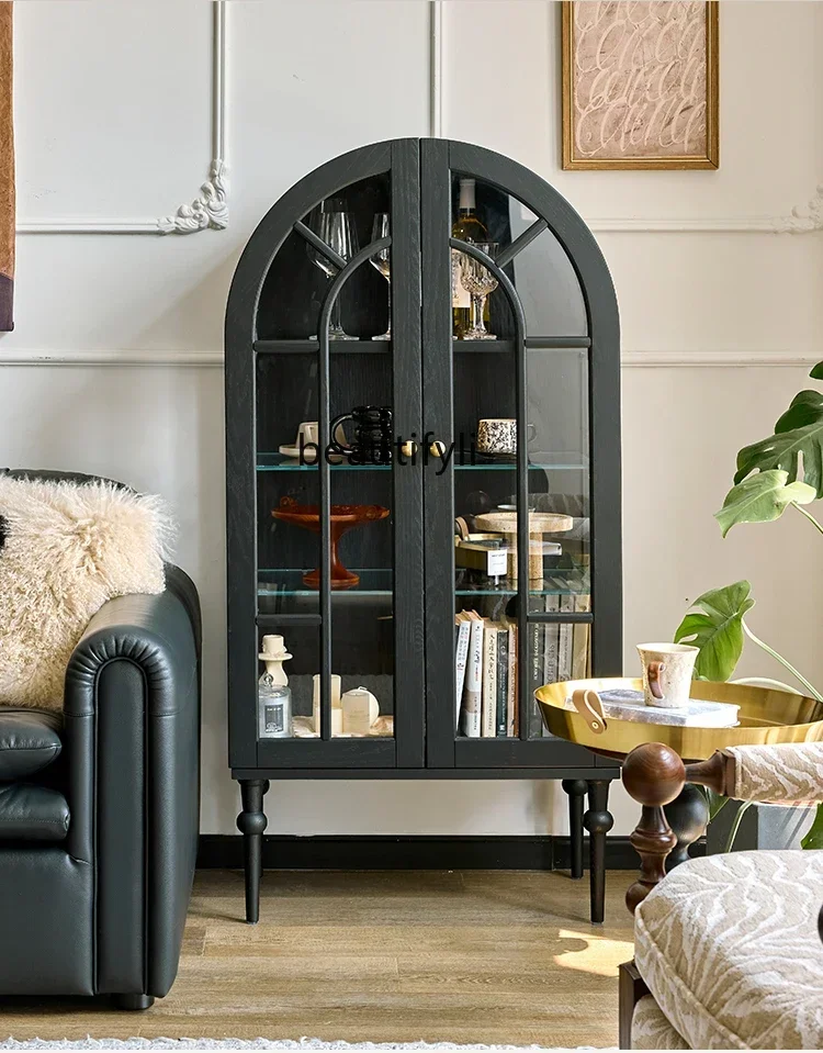 

13French retro display cabinet solid wood arched storage black living room side cabinet glass
