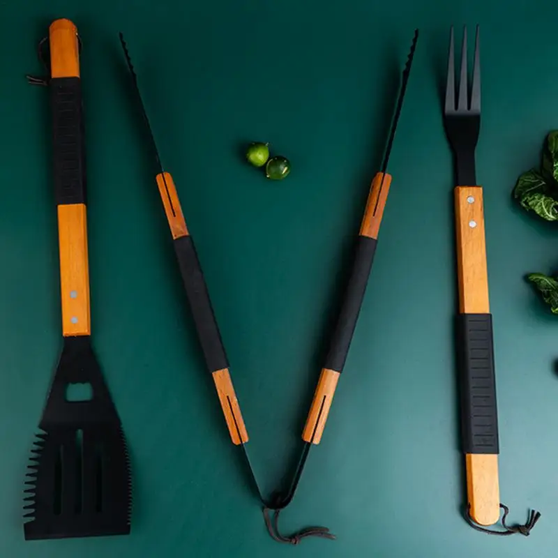 Ensemble d'outils de barbecue en acier inoxydable avec manche en bois, cuisine, camping en plein air, grillades, accessoires, 3 pièces