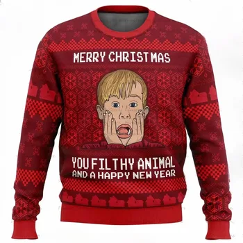 Feliz Navidad solo en casa suéter de Navidad feo dibujos animados Anime mujeres hombres pulóver Tops 2025 moda pareja Sudadera con capucha