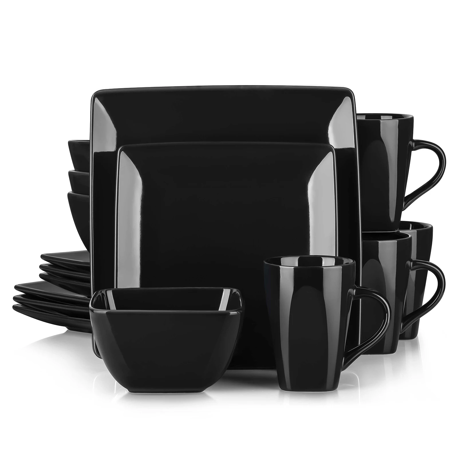 Vancasso SOHO 16/32-teiliges quadratisches Geschirrset aus schwarzem Keramikporzellan mit Speiseteller, Dessertteller, Schüssel, 240 ml Becherset