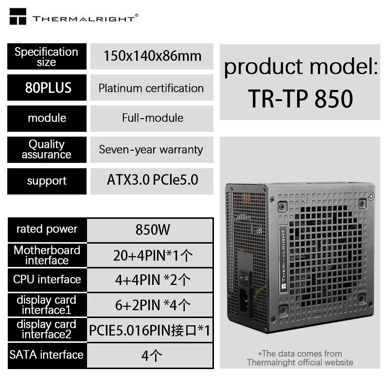 Imagem -03 - Módulo Completo de Platina 1000w 850w Host de Computador Potência Atx3.0 Pcie5.0 Thermalright-tp1000