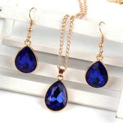 1 set Rose Gold colour Water drop Pendant Necklace & earrings Fashion Jewelry blue