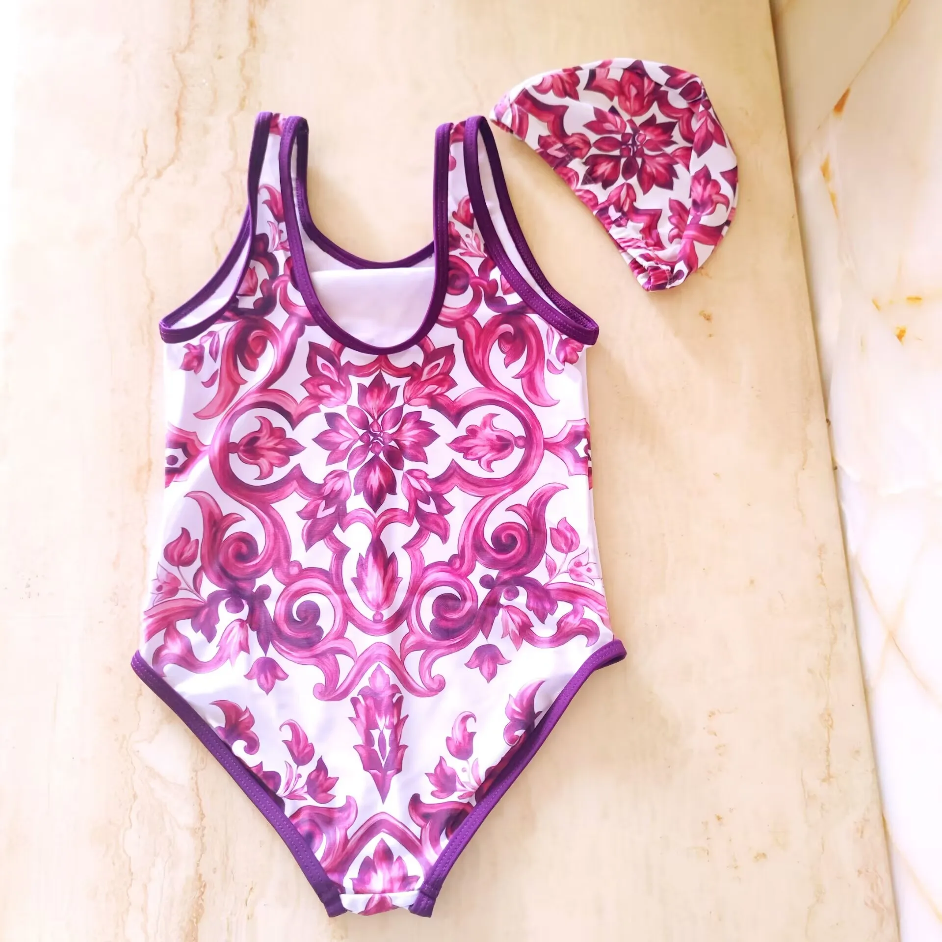 

2026 New Children's swimsuit purple Floral One Piece Swimsuit With Swim Cap For Girls toddler baby girl bathing wear