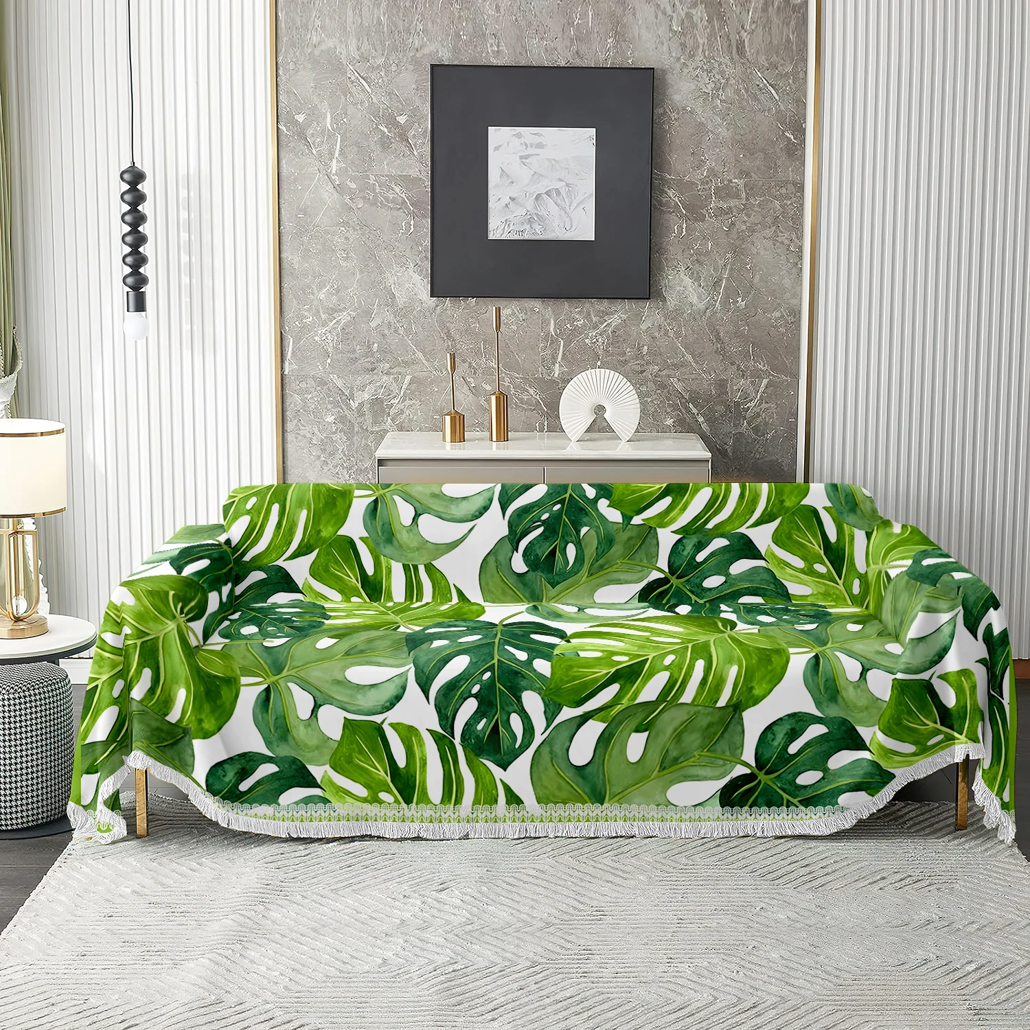 1pc Tropical Palm Leaf Sofa Blanket, Green Monstera Print Couch Throw for Home Decor, Soft Modern Washable Cover