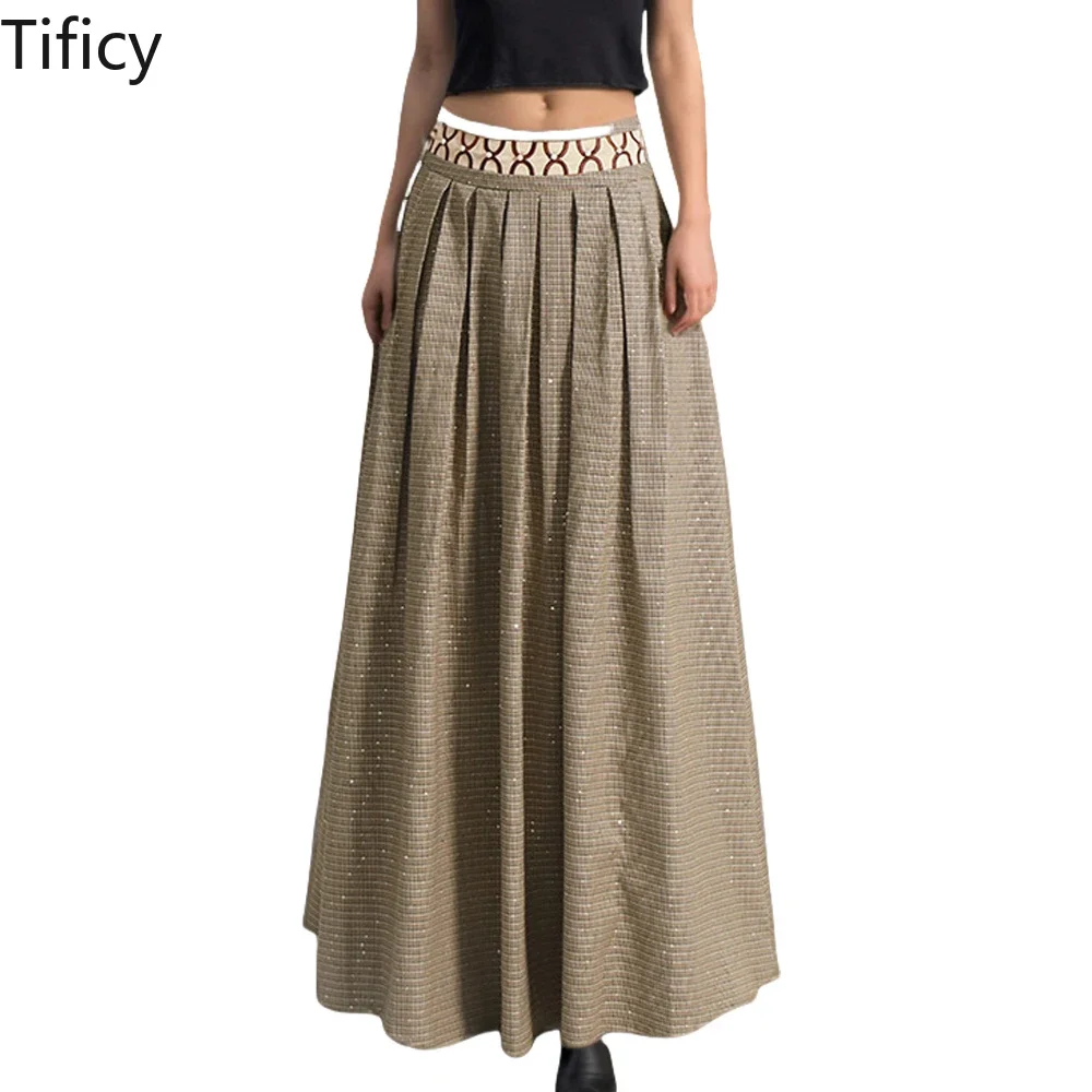 

TIFICY Autumn New Fashion Style Women's Plaid Sequin High-end High Waisted A-line Splicing Design Half Big Hem Skirt Faldas