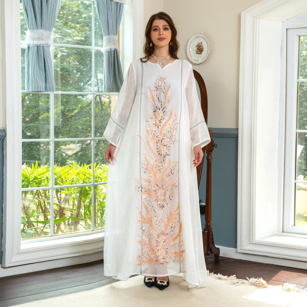 Elegant Casual Floral Embroidery Sequins Beading Long Dress Eid Mubarak Kaftan Dubai Abaya Turkey Muslim Prom Dresses