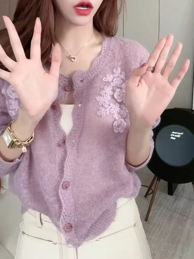 

Soft Knitted Long Sve round Ne Open Cardigan Women's Sle 2025 Autumn New Arrival 3D Hook Flower Design Comfortable Top