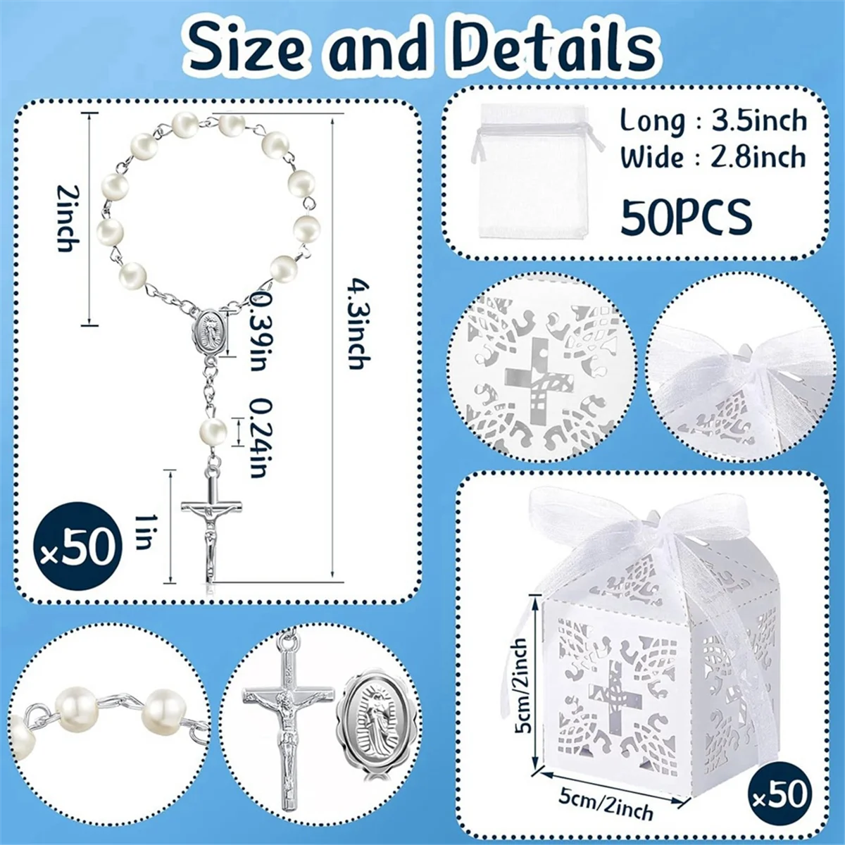 50 Packs Baptism Favors Acrylic Rosary Beads Faux with Organza Bags Baptism Favor for Weddings