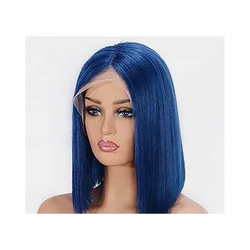 N.L.W Blue color lace front human hair wigs 13*4 short Bob straight human wigs 12 inch frontal hair for women 180% density