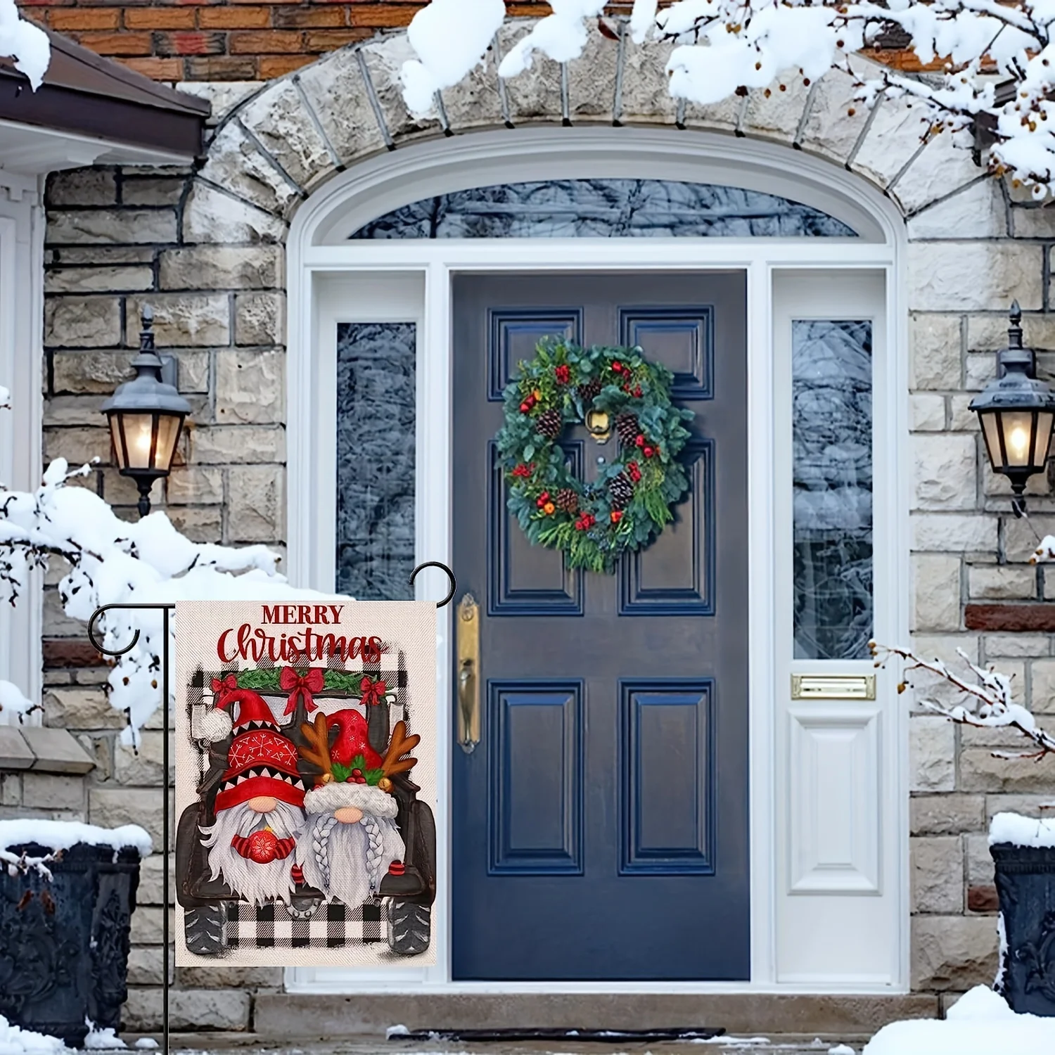 1pc Christmas Santa Gnome Garden Flag -Black Buffalo Plaid Check Design, Winter Farmhouse Outdoor Decor, 12 x 18 Inch - For Christmas Decoration - Perfect Gift for Homeowners & Holiday Enthusiasts