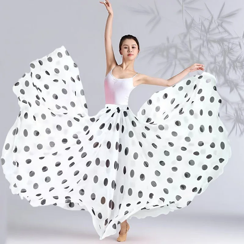 Saia de cintura alta para dança clássica flamenco, 720 graus, roupas de dança, bolinhas, saia estampada, roupa de performance de palco de dança