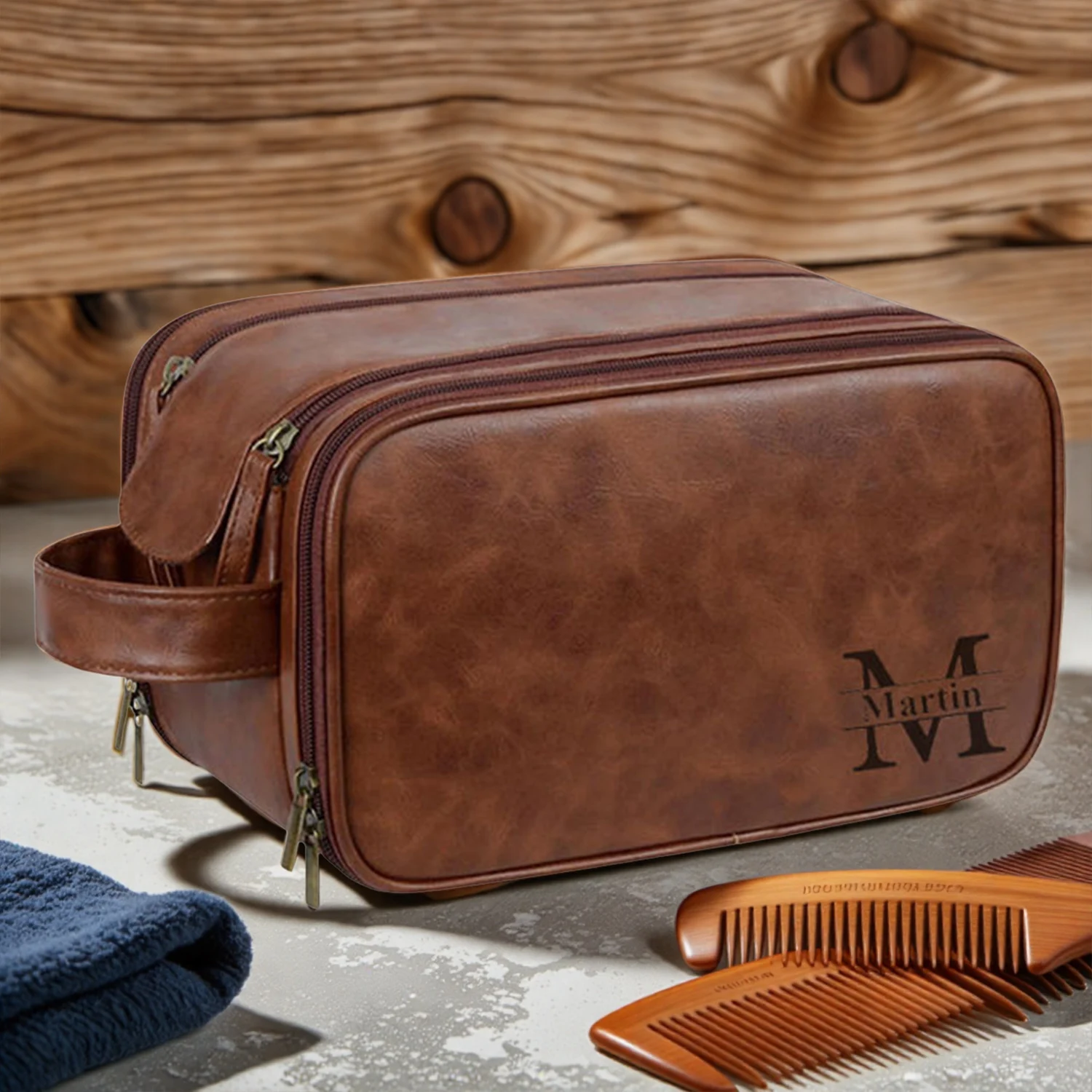

Personalized PU Leather Toiletry Bag for Men Vintage Style Large Travel Hanging Organizer with Hook Groomsmen Fathers Day Gift