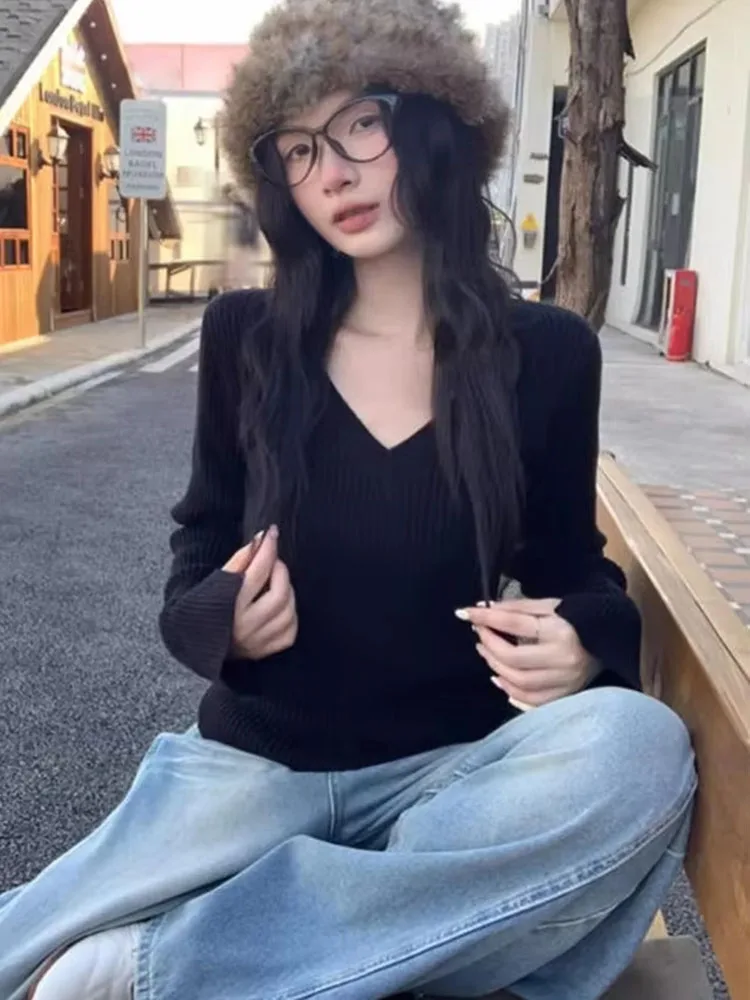 Korean Long Sleeve Jumper V Neck Tunic All Match Pullvers Women Sueter Mujer Solid Slim Fit Fashion Pull Femme Knitted Sweater