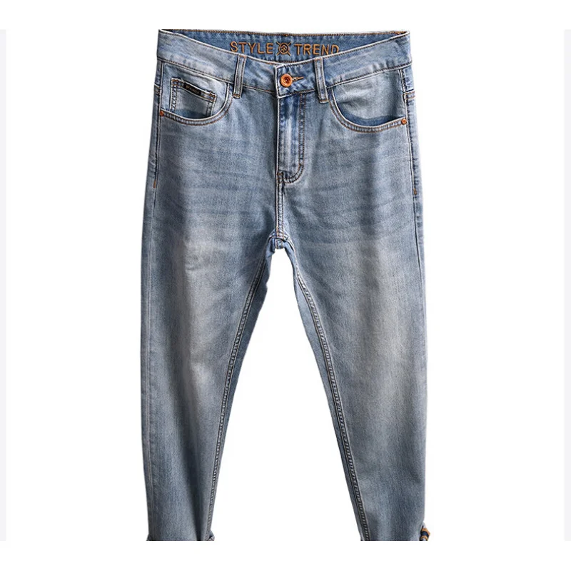 

Высококачественные светлые джинсы, мужские летние тонкие мягкие эластичные тонкие маленькие повседневные брюки с прямыми штанинами