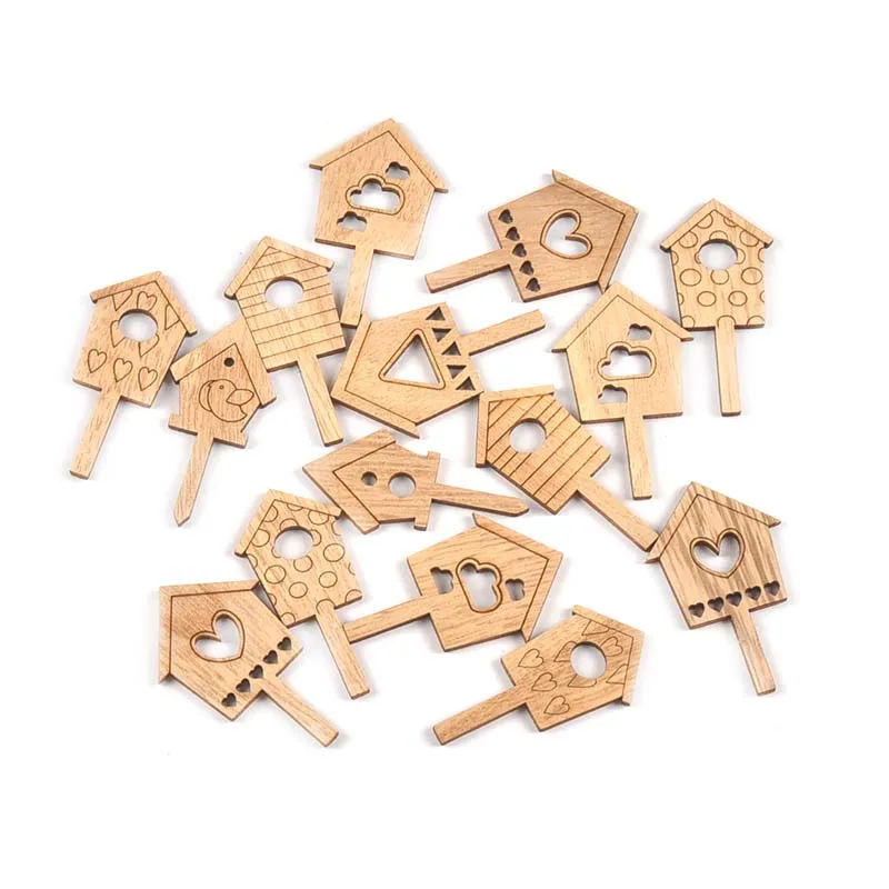 25Pcs 3x5cm Natural House Pattern Wooden Board Insert Ornaments Flowerpot Card Kids Supplies Wood DIY Crafts Home Decor Arts