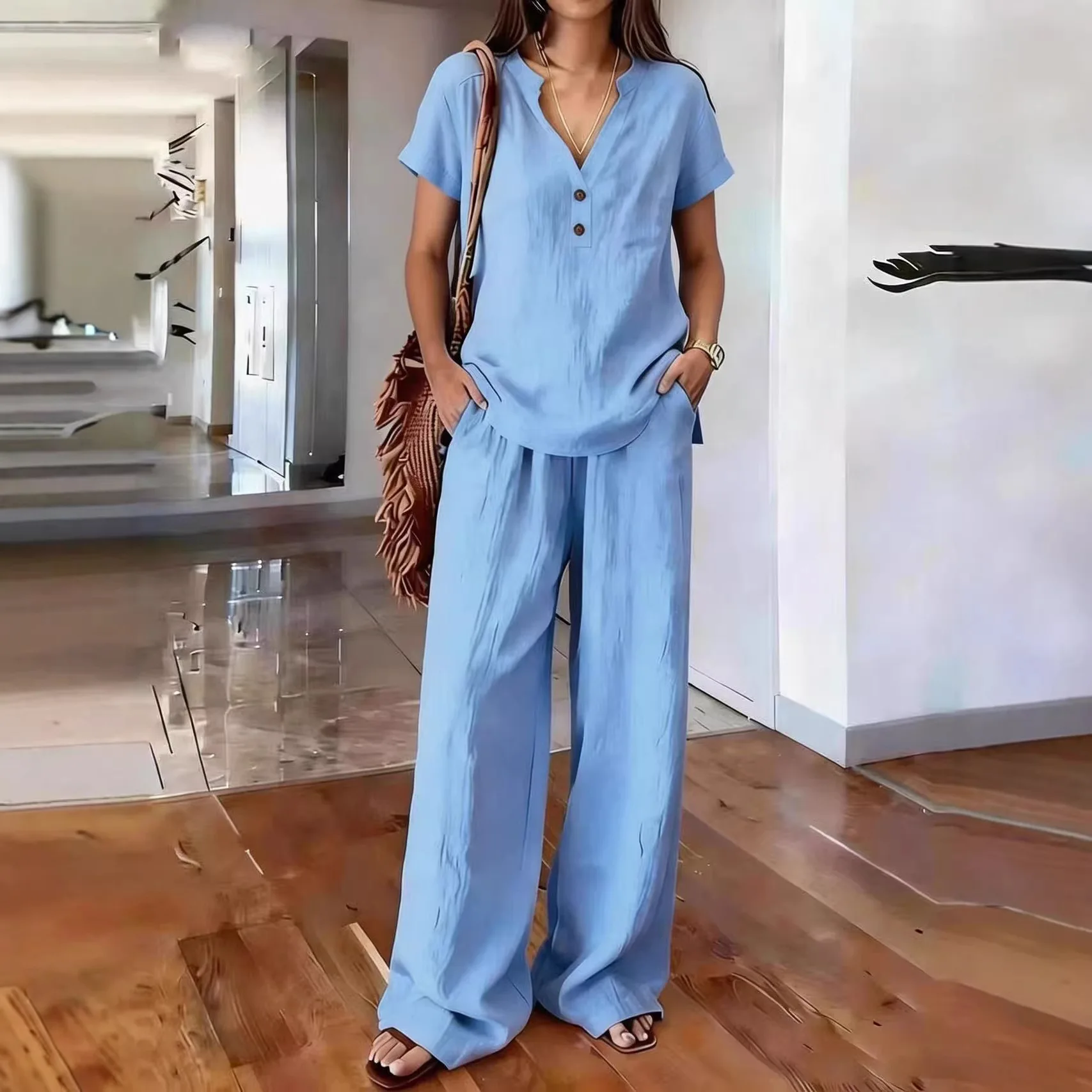 Solid Color Casual Loose Pants Sets For Women 2026 Elegant Summer Women's Two Pieces Suit Full Trouser Set Female Outfit Clothes