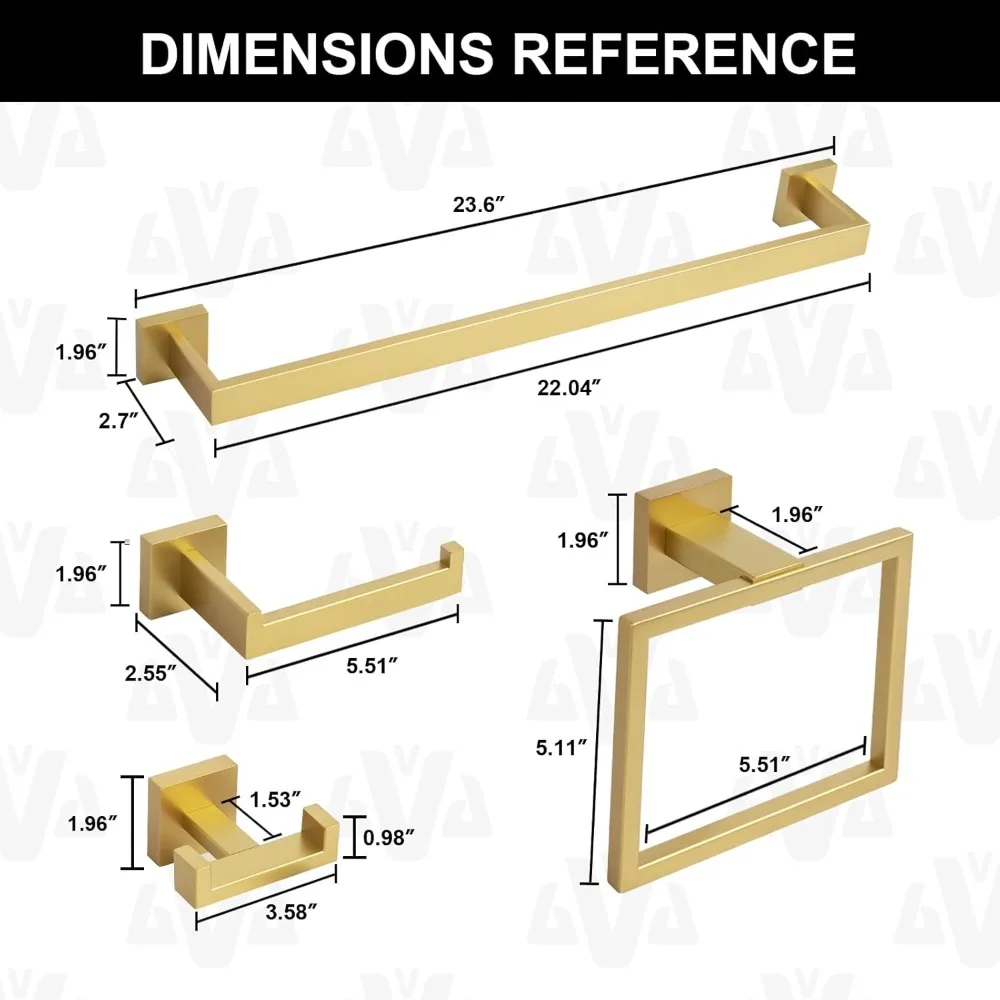 Gold Wall Mounted Towel Bar Set, 5-Piece Bathroom Hardware Collection with Towel Rack and Holder
