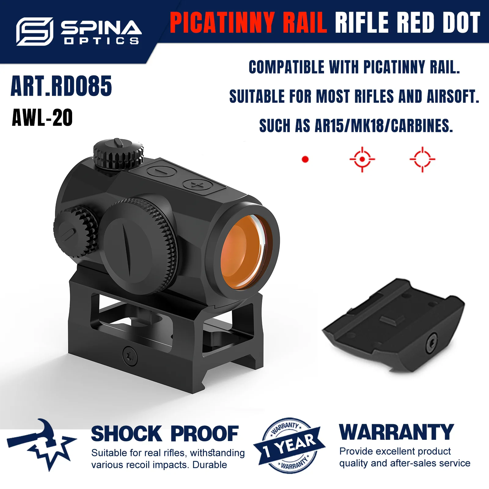 

SPINA OPTICS Коллиматорный прицел 3MOA для дробовика AWL-20, с высоким креплением Picatinny и низким основанием, для 12 калибра/.308 Winchester/5.56/.223
