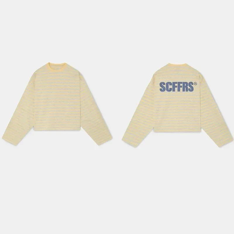 Unisex long sleeved T-shirt with loose stripes, back letter printed round neck casual Y2K streetwear top view 5