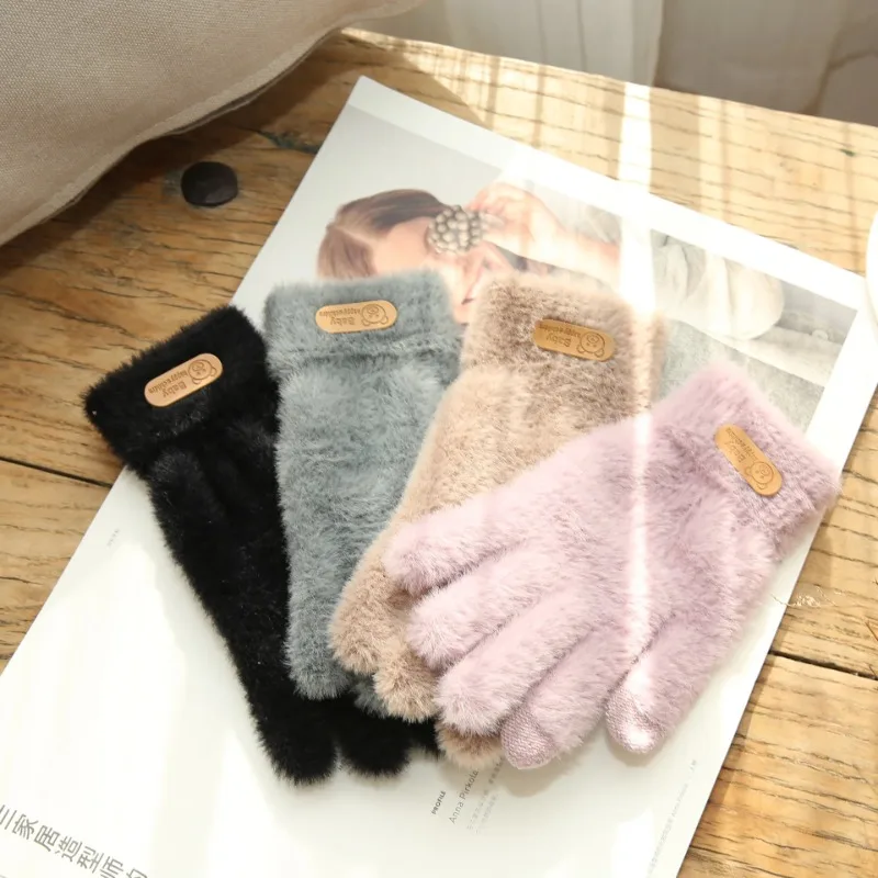 Luvas de malha de lã de caxemira feminina, luvas, quente, tela grossa, pele, monocromática, luvas para celular, tablet, almofada, inverno