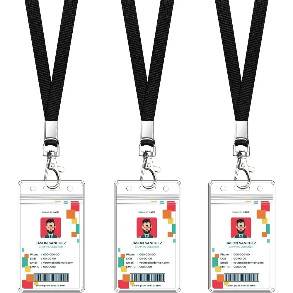 Set of 3 Clear ID Badge Holders with Black Neck Lanyards for Secure Vertical Badge Display