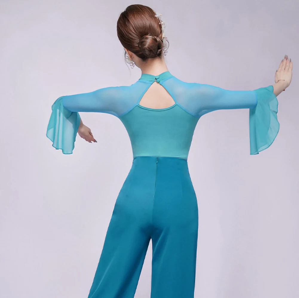 Manica in corno Top da ballo latino Ballo da sala Palla viola Scollo a V Samba Nero Blu Camicia da pratica di danza da donna Nuovo