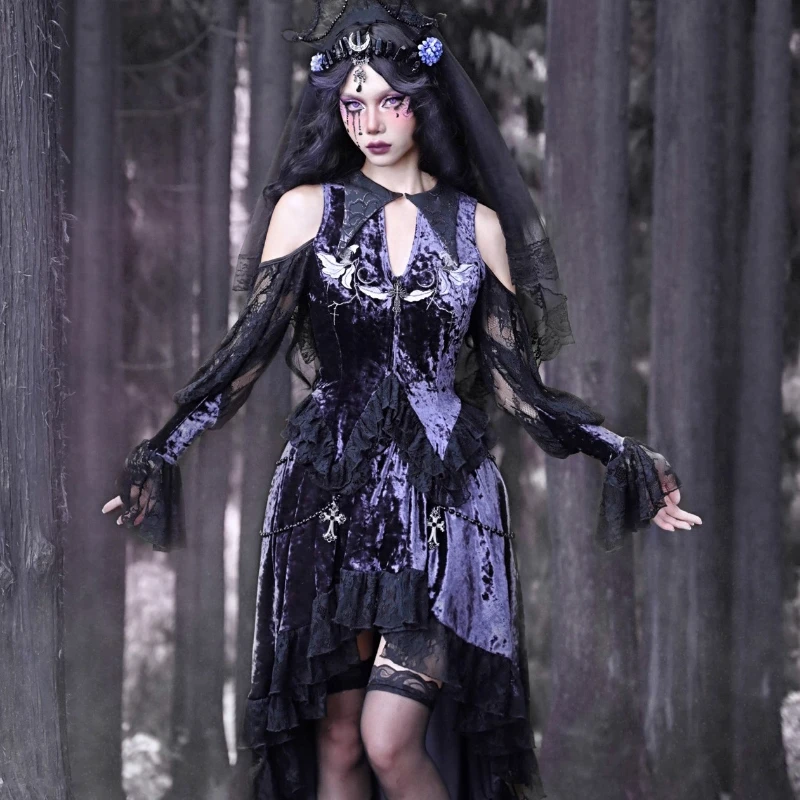 Purple Sexy Women's Clothing 2025 New Velvet Atmosphere Embroidered Pointed Collar Lace Hollow Out Flared Sleeve Gothic Top Girl